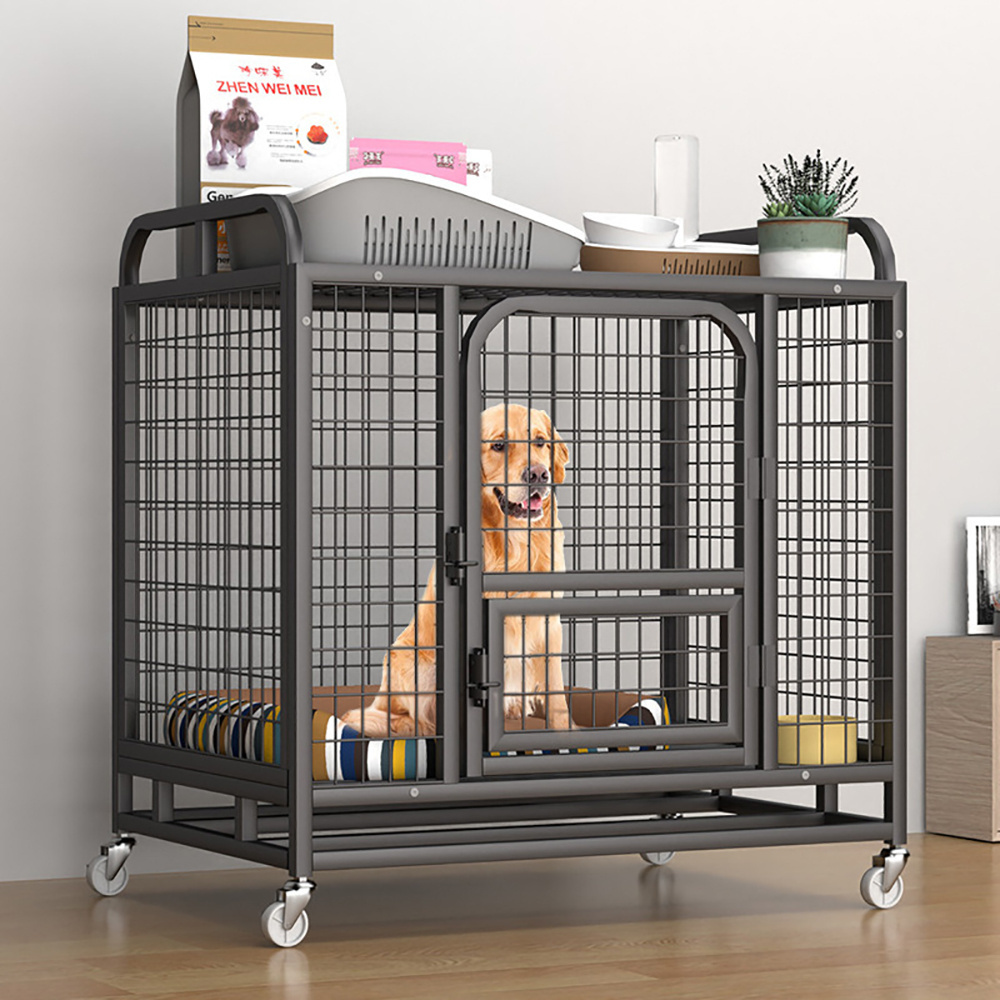 Advanced Bold Galvanized Pipe Dog Cage Strong Durable Top Storage Function Metal Dog Crate with Wheels