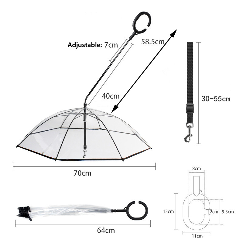 RTS Rainy day outdoor walking dog umbrella leash transparent adjustable C-type handle pet dog umbrella pet supplies