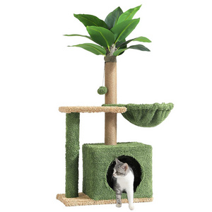 Square Condo Artificial Palm Tree Cat Tower Sisal Scratching Post Hammock Plush Platform Cat Climbing Frame Nature Cat Tree