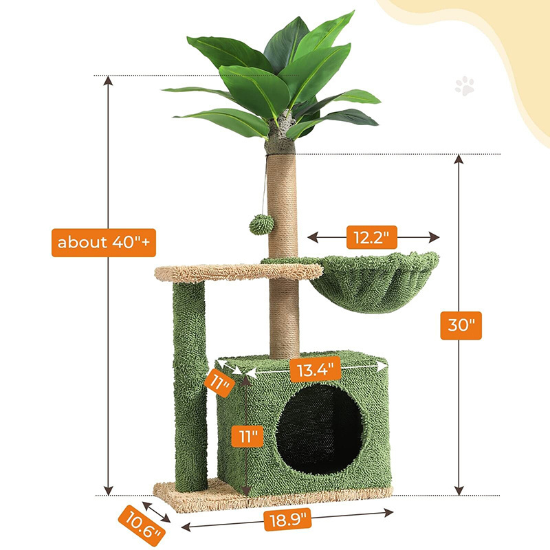 Square Condo Artificial Palm Tree Cat Tower Sisal Scratching Post Hammock Plush Platform Cat Climbing Frame Nature Cat Tree