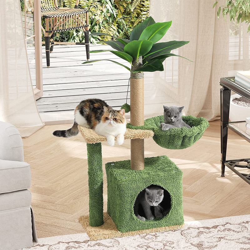 Square Condo Artificial Palm Tree Cat Tower Sisal Scratching Post Hammock Plush Platform Cat Climbing Frame Nature Cat Tree