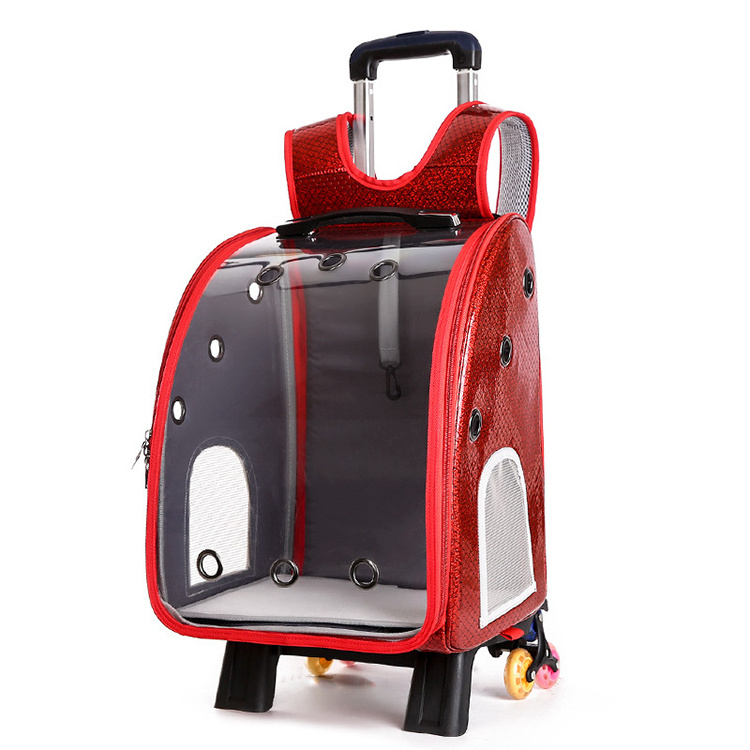 Transparent detachable pet outing travel portable aviation carrier backpack pet trolley case for dog cat with wheels