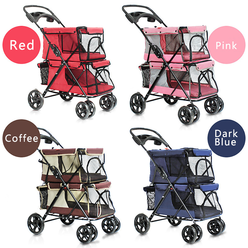 Hot selling outdoor travel large space four-wheeled pet dog trolley cage lightweight folding double-decker pet trolley