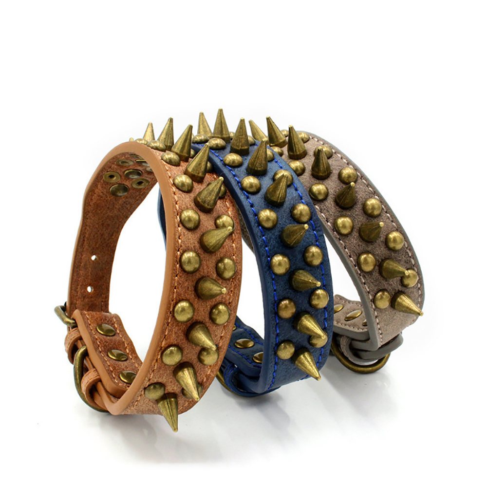 High quality factory custom LOGO adjustable Cool Spiked Rivet Studded PU Leather Dog Pet Collars For Small Medium Dogs