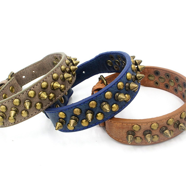 High quality factory custom LOGO adjustable Cool Spiked Rivet Studded PU Leather Dog Pet Collars For Small Medium Dogs