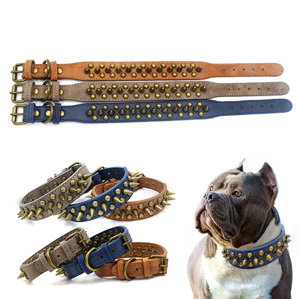 High quality factory custom LOGO adjustable Cool Spiked Rivet Studded PU Leather Dog Pet Collars For Small Medium Dogs