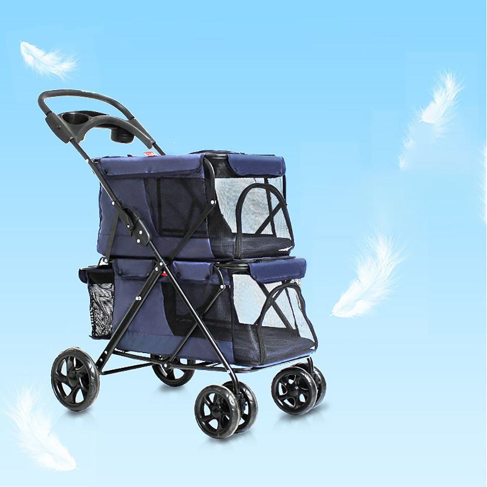 Hot selling outdoor travel large space four-wheeled pet dog trolley cage lightweight folding double-decker pet trolley