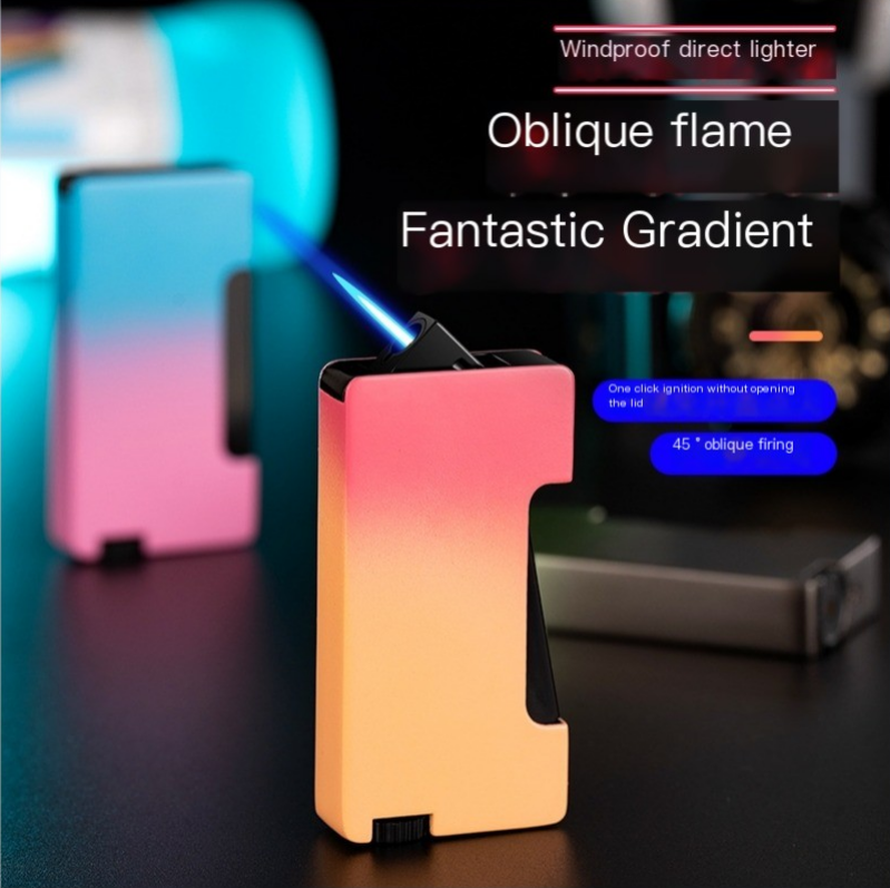 Customized Pressing Metal Oblique Flame Windproof lighter gradient oblique fire straight lighter