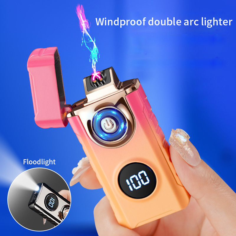 Windproof Double Arc Charging Lighter with Light Power & Ignition Display Torch Lighters Wholesale Cigar Lighter Torch