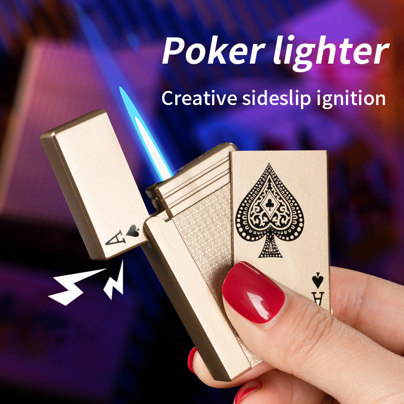 Hot Selling Lighter Holder Keychain Flipping Hand Slide Blue Flame Poker Lighter Creative Pocket Lighter for Cigarette