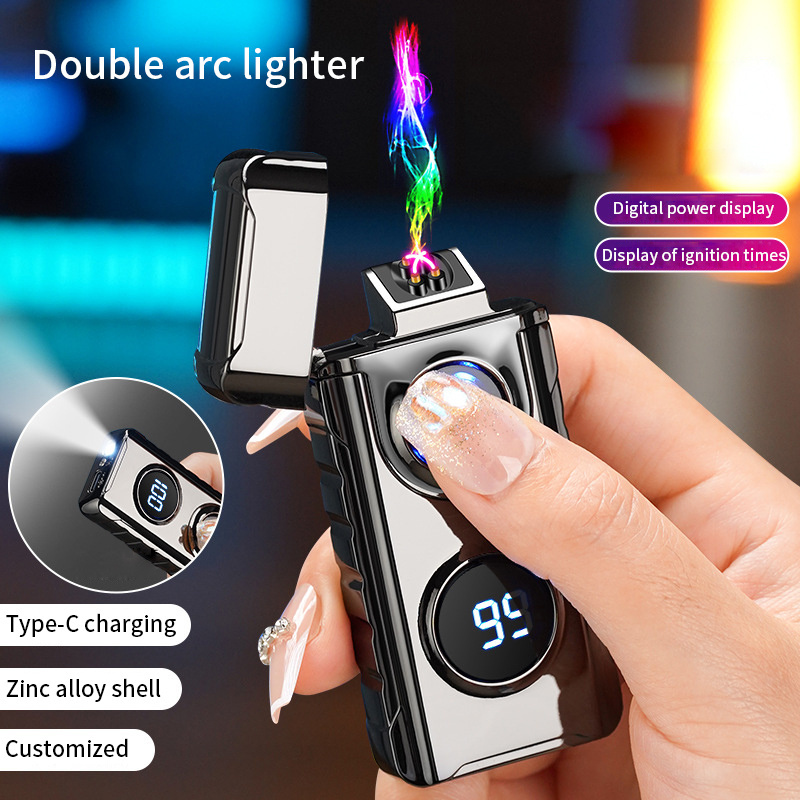 Windproof Double Arc Lighter with Led Light Power & Ignition Display Electric Torch Lighter Wholesale Metal Torch Lighter