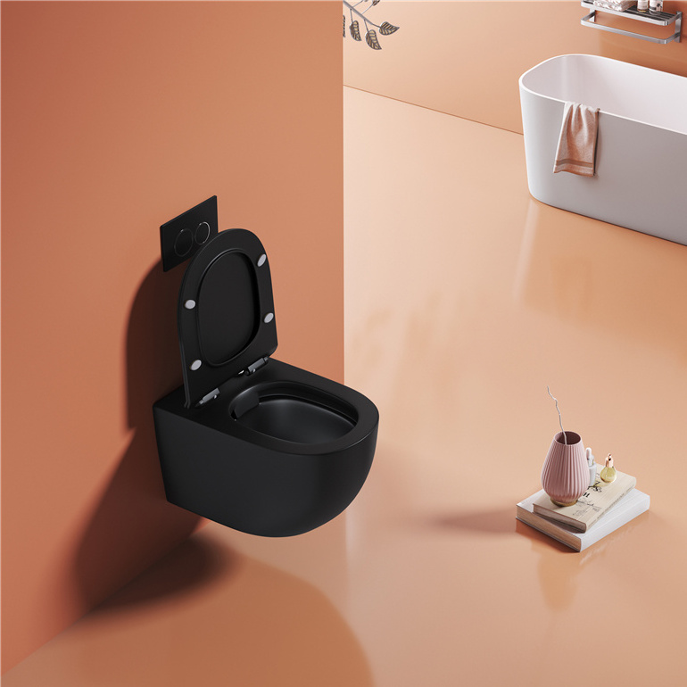 High quality wall-hung hanging rimless ceramic wall mounted toilet bowl wc bathroom matt black color wall hung toilet