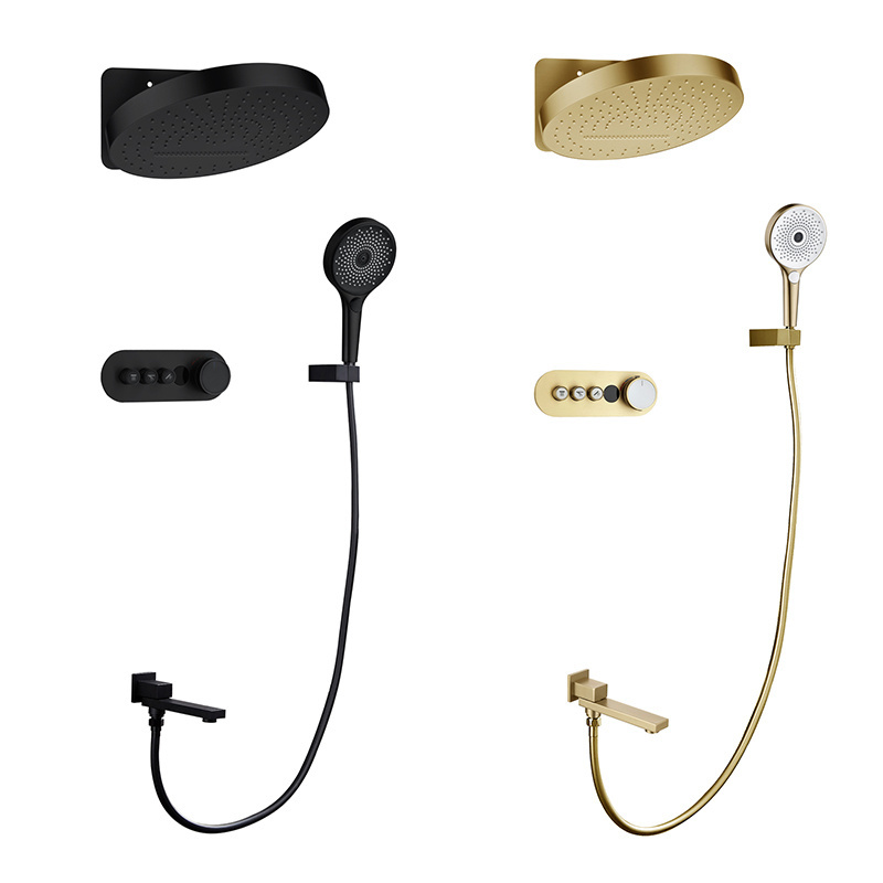 Luxury hotel in wall mounted concealed thermostatic rainfall shower faucet set black gold bathroom bath complete shower set