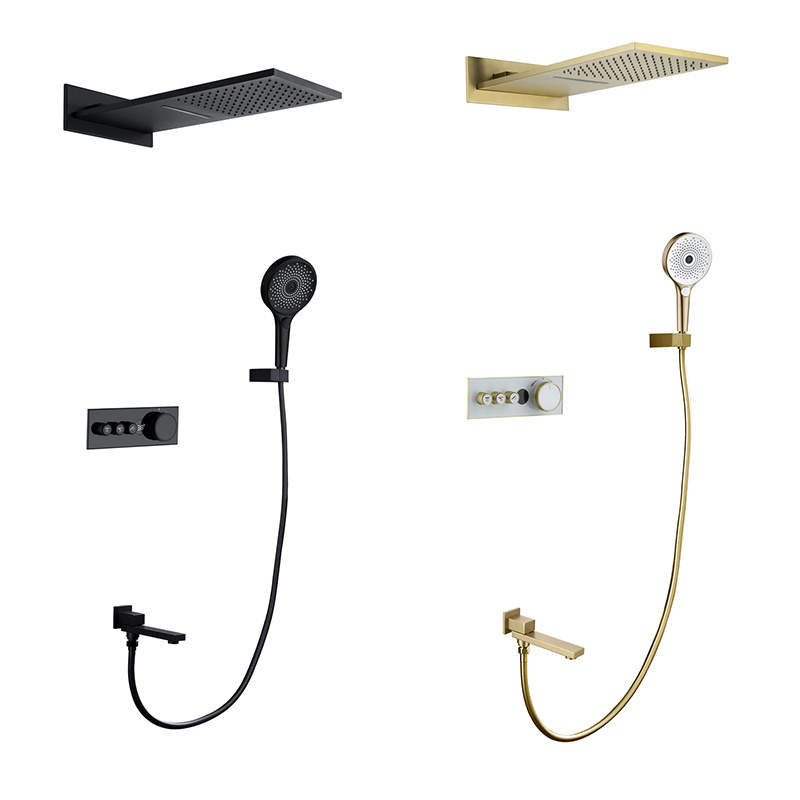 Luxury hotel in wall mounted concealed thermostatic rainfall shower faucet set black gold bathroom bath complete shower set