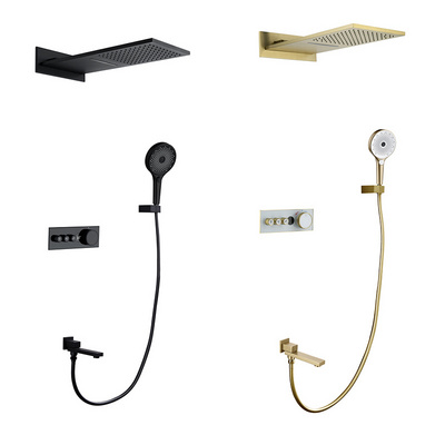 Luxury hotel in wall mounted concealed thermostatic rainfall shower faucet set black gold bathroom bath complete shower set