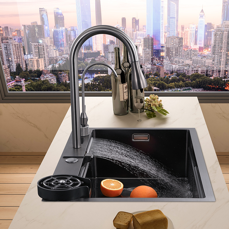 Black color 304 stainless steel kitchen digital display raindance waterfall cup washer smart kitchen sink for home