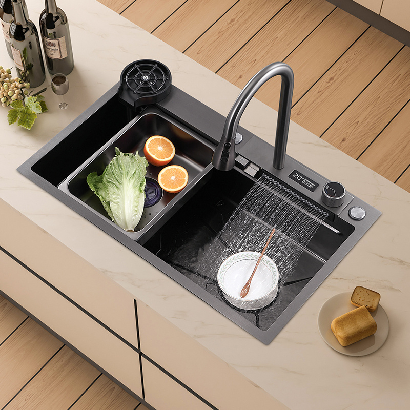 Black color 304 stainless steel kitchen digital display raindance waterfall cup washer smart kitchen sink for home