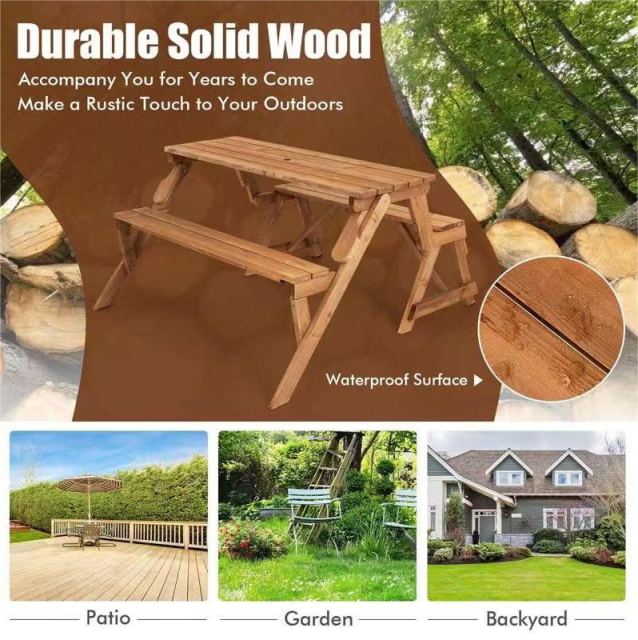 Hot sale outdoor 2 in 1 convertible  garden sets folding solid wood picnic Table set with umbrella hole