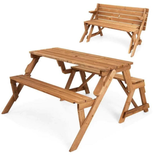 Hot sale outdoor 2 in 1 convertible  garden sets folding solid wood picnic Table set with umbrella hole