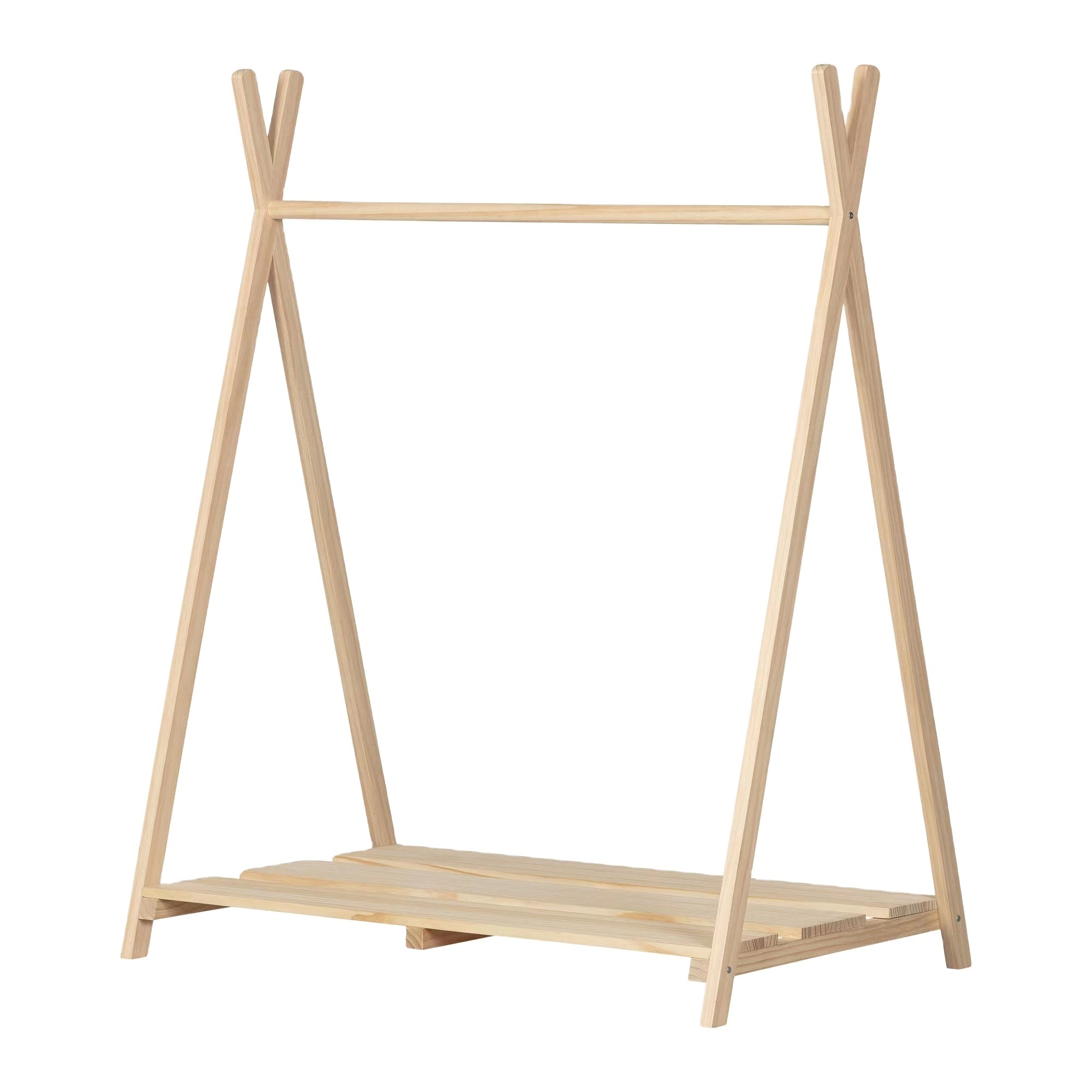 Modern High Quality Montessori Wooden Bedroom Closet Kids Wardrobe Natural Pine Wood Coat Clothes Rack