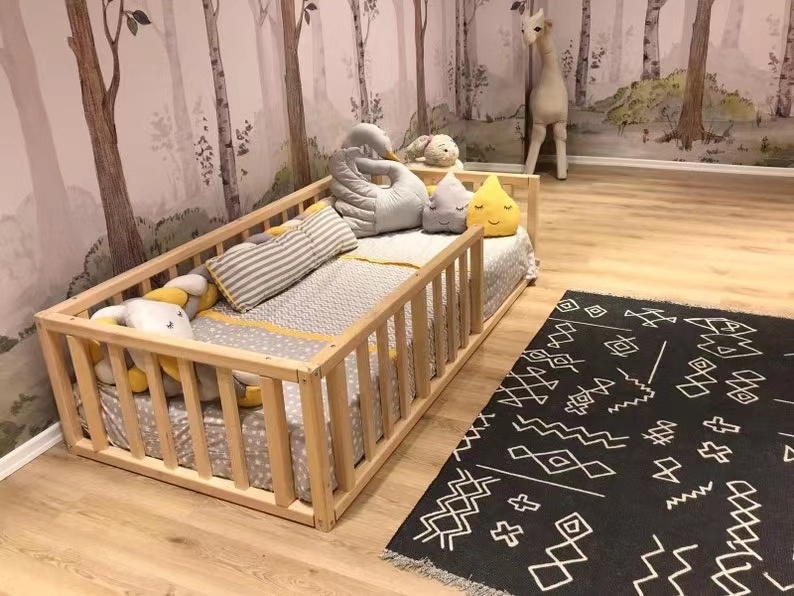 Factory customized wholesale classic wooden kids bedroom furniture natural montessori  toddler bed frame toddler floor bed