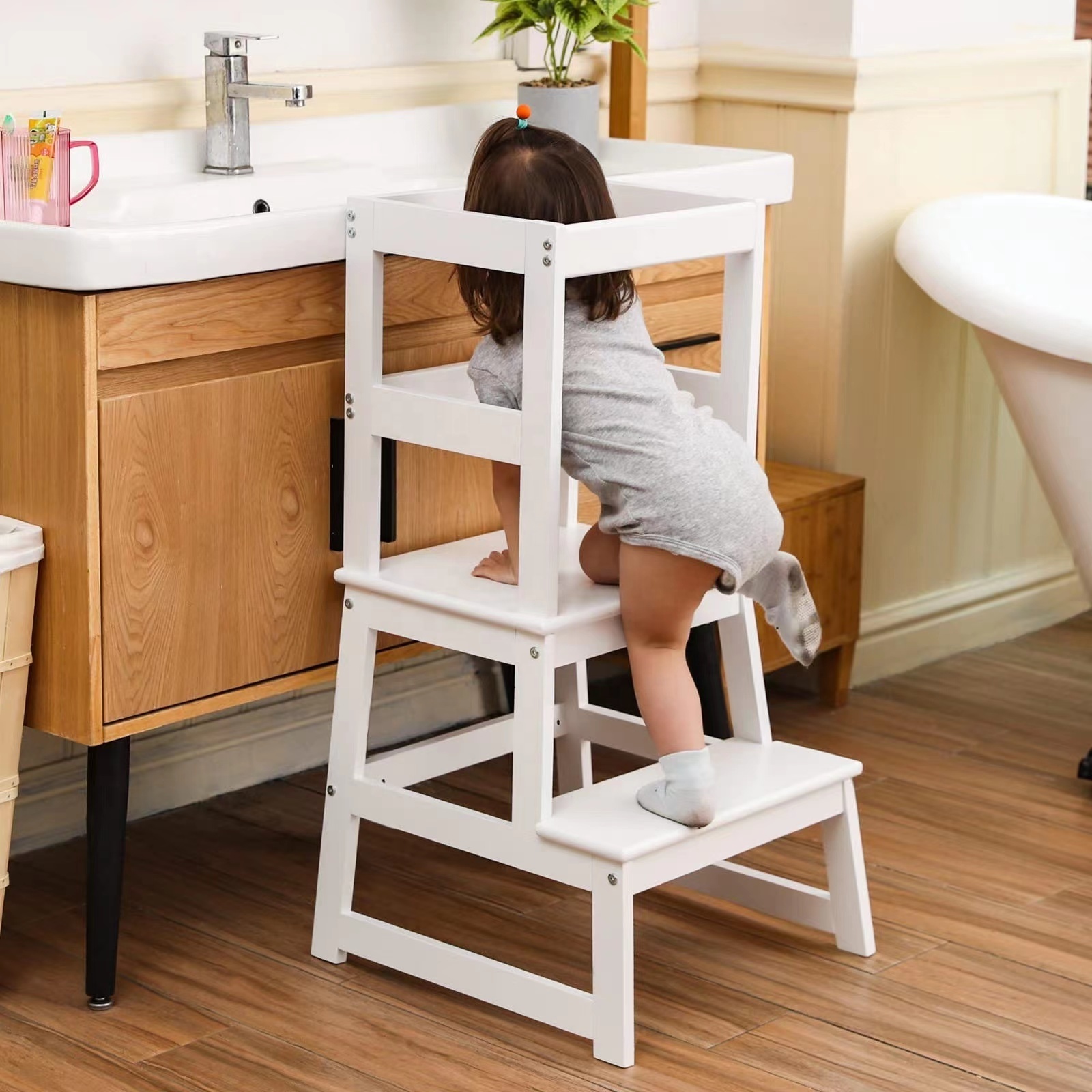 custom Montessori kids kitchen step stool kitchen helper tower for toddlers kitchen helper learning tower with safety rail