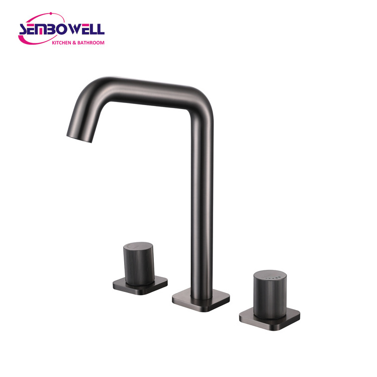 Modern Dual Handle 3 Holes Basin Mixer Tap Gunmetal Finish Brass Knurled Handle Lavatory Faucet Bathroom Faucet