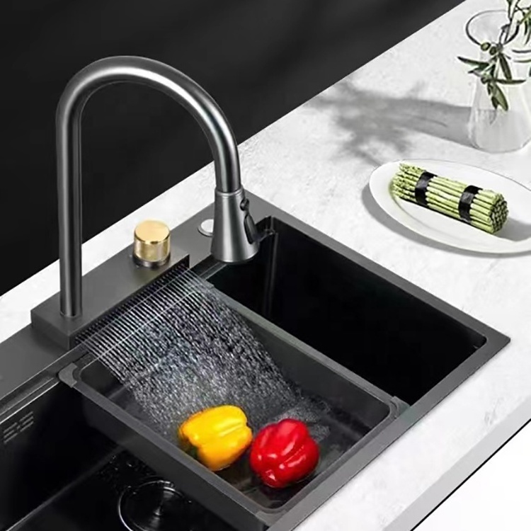 Gohler Modern Stainless Steel Sink Waterfall Faucet Rainfall Kitchen Faucet With Three Jet Types SUS 304 Handmade Kitchen Sink