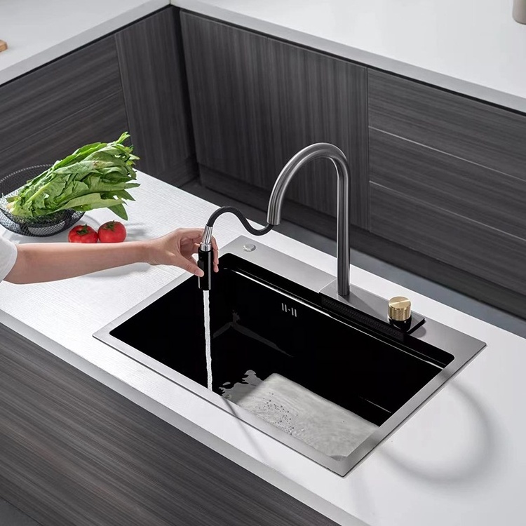 Gohler Modern Stainless Steel Sink Waterfall Faucet Rainfall Kitchen Faucet With Three Jet Types SUS 304 Handmade Kitchen Sink