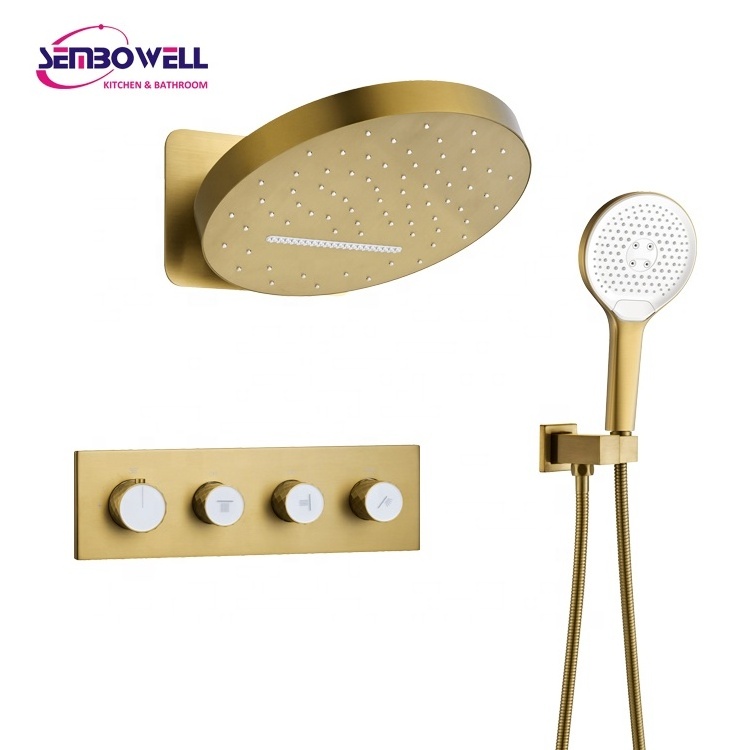 Luxury Bathroom Brass In Wall Concealed Thermostatic Shower System Bath And Shower Mixer Faucet Rose Gold Finish