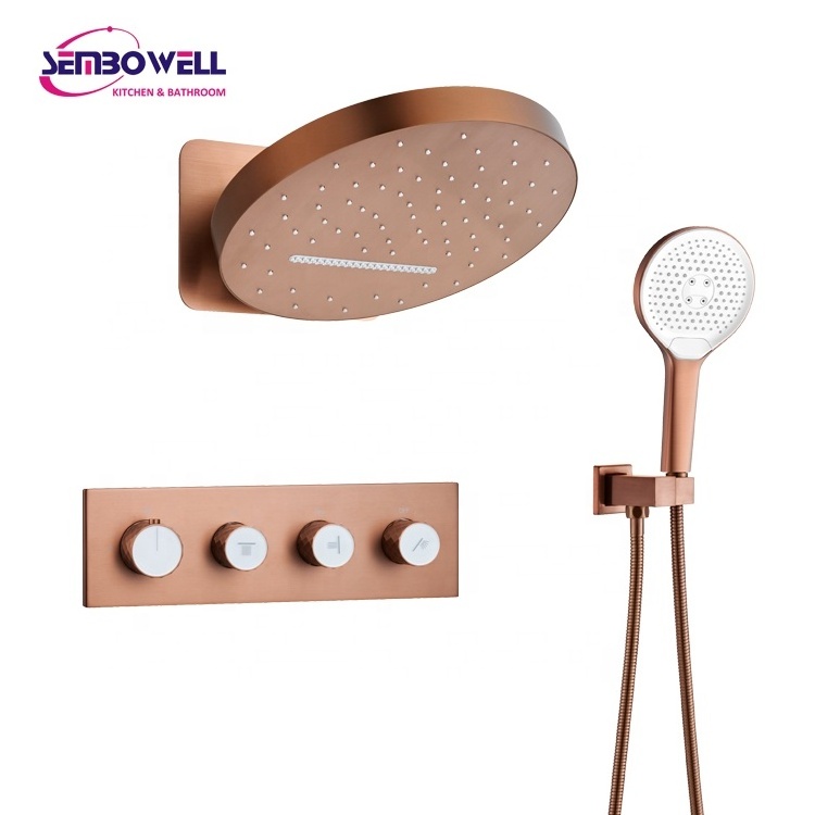 Luxury Bathroom Brass In Wall Concealed Thermostatic Shower System Bath And Shower Mixer Faucet Rose Gold Finish