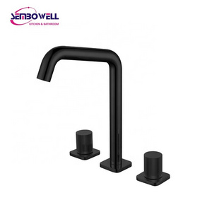 Modern Dual Handle 3 Holes Basin Mixer Tap Matte Black Finish Brass Knurled Handle Lavatory Faucet Bathroom Faucet