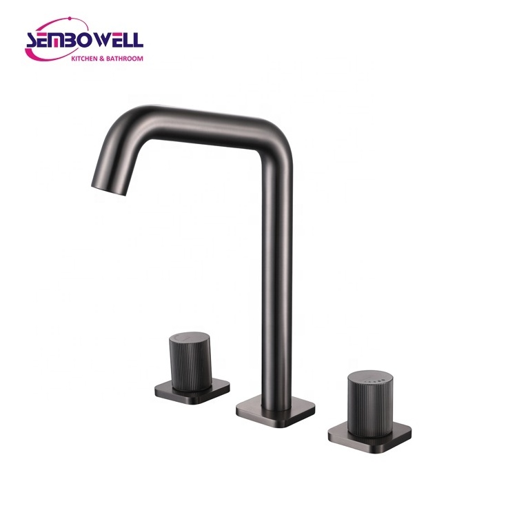 Modern Dual Handle 3 Holes Basin Mixer Tap Matte Black Finish Brass Knurled Handle Lavatory Faucet Bathroom Faucet