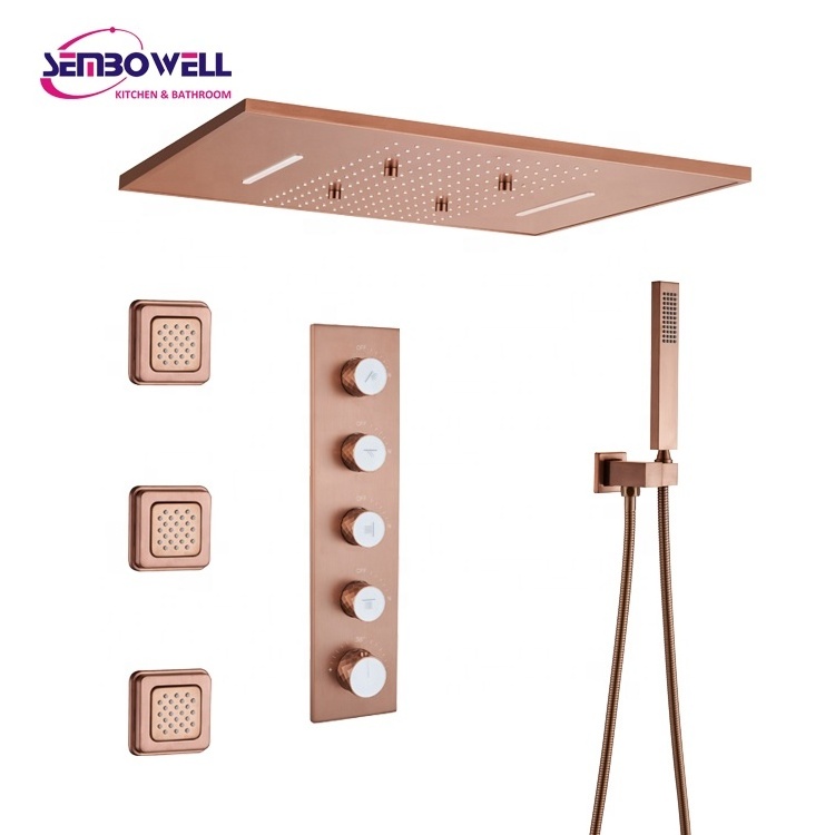 Luxury Bathroom Brass In Wall Concealed Thermostatic Shower System Bath And Shower Faucet Rose Gold Finish