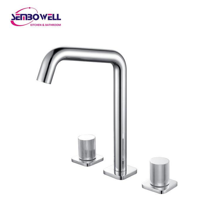 Modern Dual Handle 3 Holes Basin Mixer Tap Gunmetal Finish Brass Knurled Handle Lavatory Faucet Bathroom Faucet