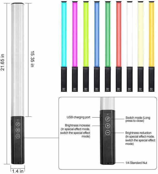 RGB Handheld LED Video Light, Wand Stick Photography Light 9 Colors with 68