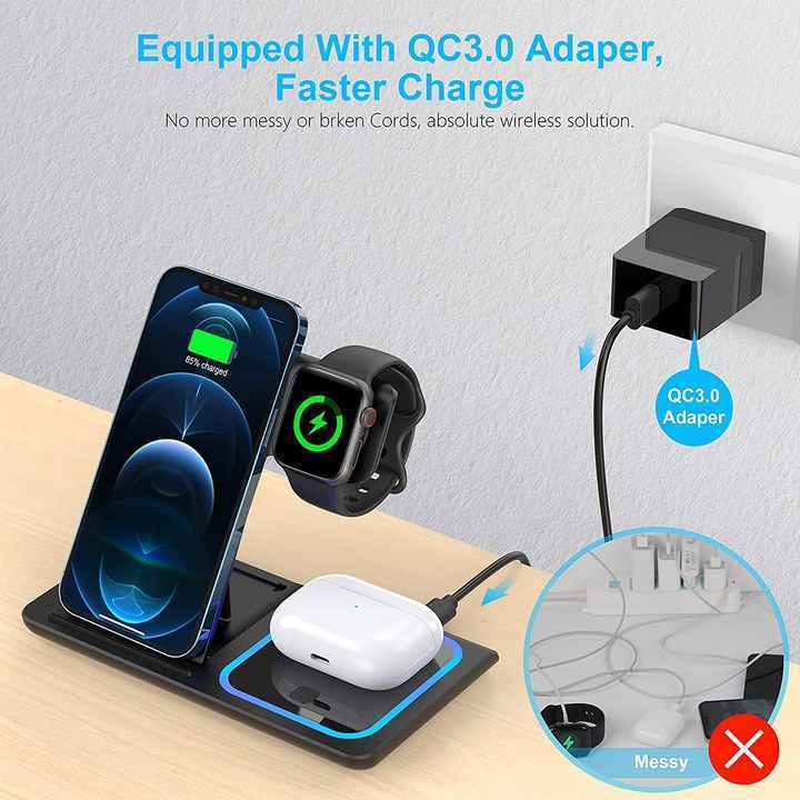 Wireless Charging Station 3 in 1 Wireless Charger Stand Fast Wireless Charging Dock for iPhone Apple Watch Airpods Night Light