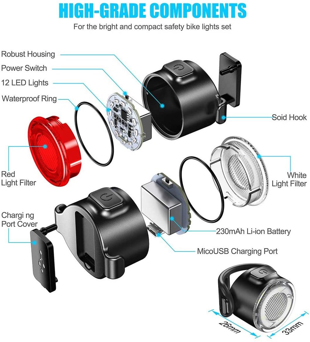 Bike Lights Set, USB Rechargeable Bicycle Safety Lights - Easy to Mount & Remove/6 Modes, Commuting/Road Cycling LED Bike Lights