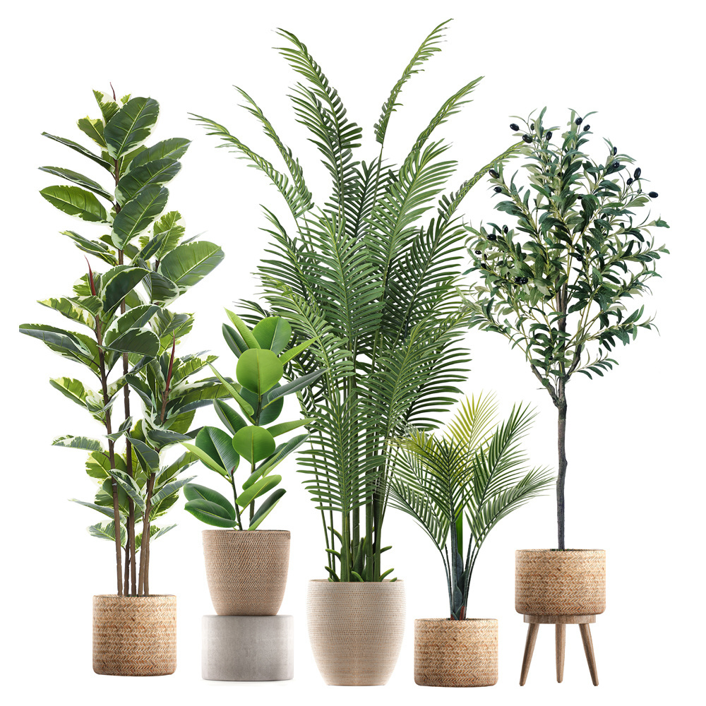 Tropical Faux Areca Palm Green Monstera Bonsai Plastic Fake Pots Garden Indoor Home Decore Olive Plants Artificial Trees