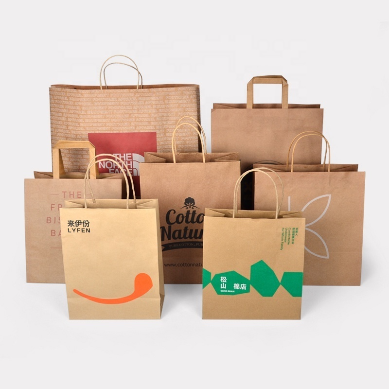 SenAng01 Custom Recyclable Brown paper Bags Square Bottom Kraft Paper Bag Food Shopping with Handle