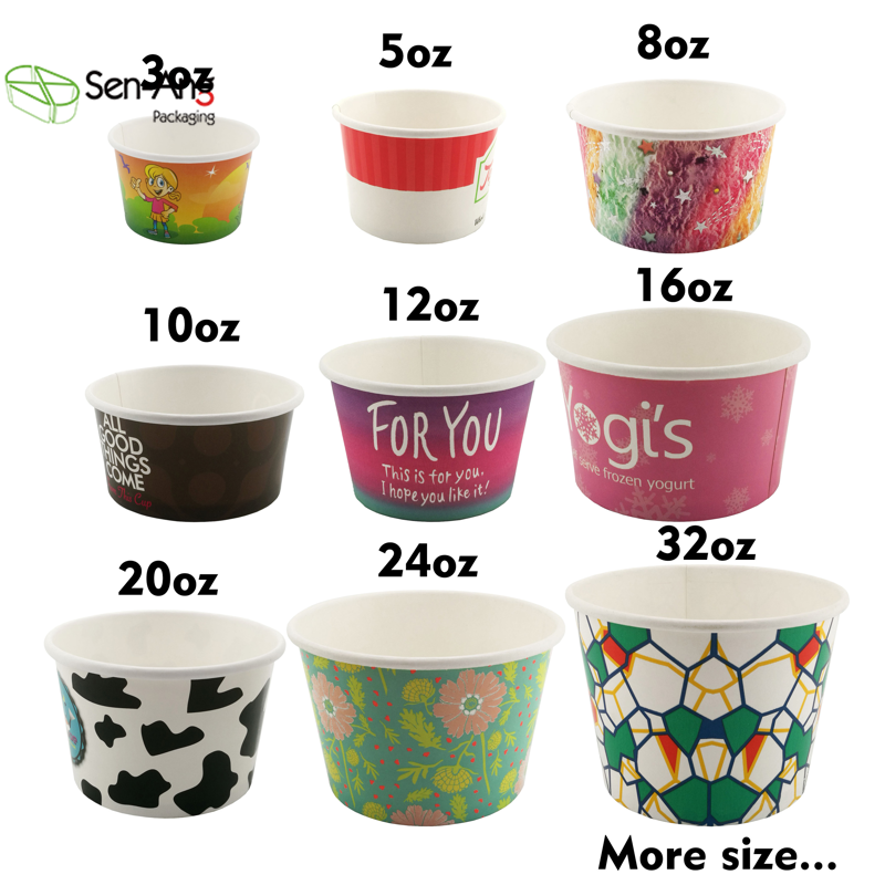 SenAng03 Eco Friendly Printed Logo Disposable 6 7 8 16 20 22 24 9 10 12 14 Oz Paper Cup Ice Cream Packaging