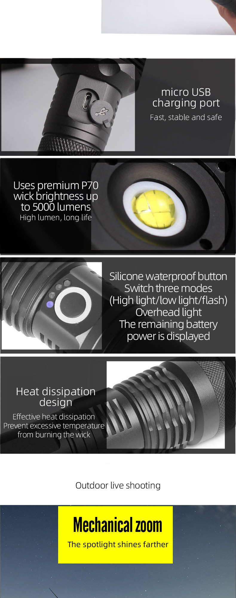 USB Charging power display Torch Light Rechargeable XHP70 Bright Tactical LED Flashlights Zoomable Torch Light