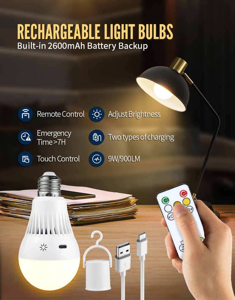 Rechargeable Light Bulbs with Remote Dimmable Battery Powered Light Bulbs USB Rechargeable Emergency LED Light Bulbs