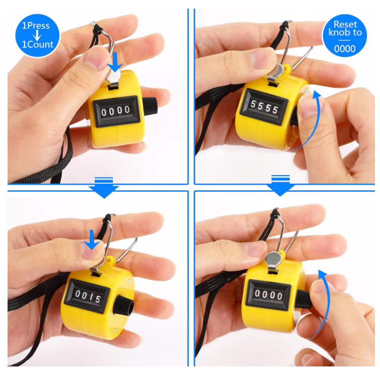 SNBO  4 Digit Mechanical Palm Click Counter Plastic Hand Held Counter Clicker with Metal Finger Ring for Counting Numbers