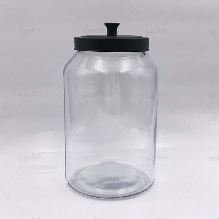 Kitchenware Transparent Wide Mouth Glass Cookie Waffle Jar with Black Tinplate Metal Lid 1 Gallon 1L 2L 3L