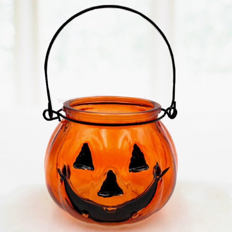 Halloween Ghost Face Glass Candle Lantern Pumpkin Shape Glass Candle Jars with Black Metal Handle for Home Decoration