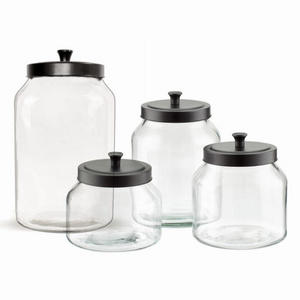 Kitchenware Transparent Wide Mouth Glass Cookie Waffle Jar with Black Tinplate Metal Lid 1 Gallon 1L 2L 3L