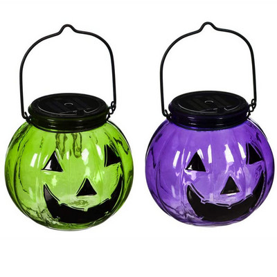 Halloween Ghost Face Glass Candle Lantern Pumpkin Shape Glass Candle Jars with Black Metal Handle for Home Decoration