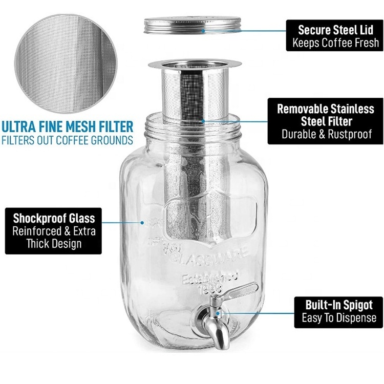 1 Gallon PortableTea Drink Glass Iced Drip Cold Brew Pitcher Mason Jar Beverage Dispenser Coffee Maker with Filter