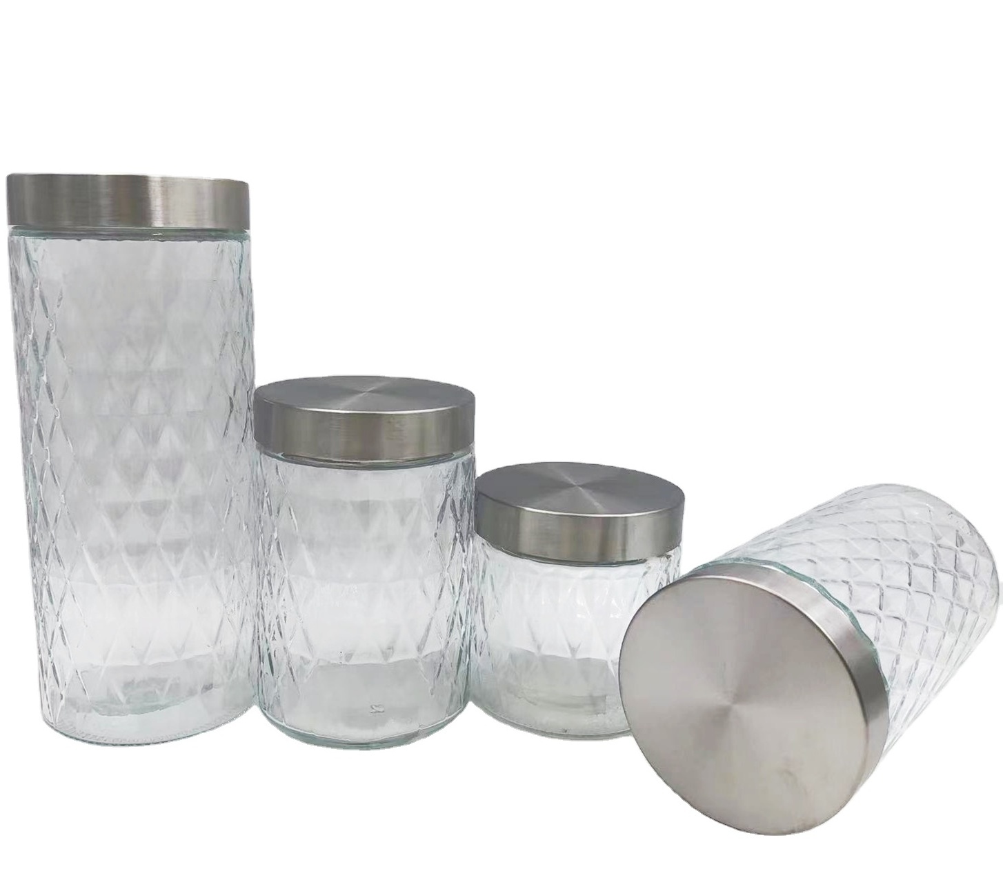 Clear Glass Jars with Stainless Steel Lid Kitchen Canister Diamond Plaid Glass Food Storage Jar Set